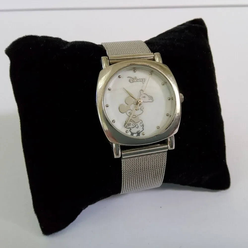 Disney By Accutime MK2010 Silver Tone Mother of Pearl Dial Quartz Watch New Batt
